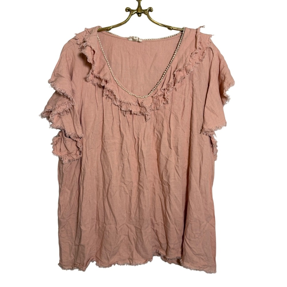 143 Story Womens 3X Pink‎ Fringe Trim Short Sleeve Top Blouse Plus Size